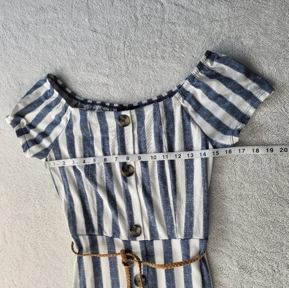 Derek Heart Blue Striped Belted Summer Dress Button Down Off Shoulder Option - Picture 5 of 9